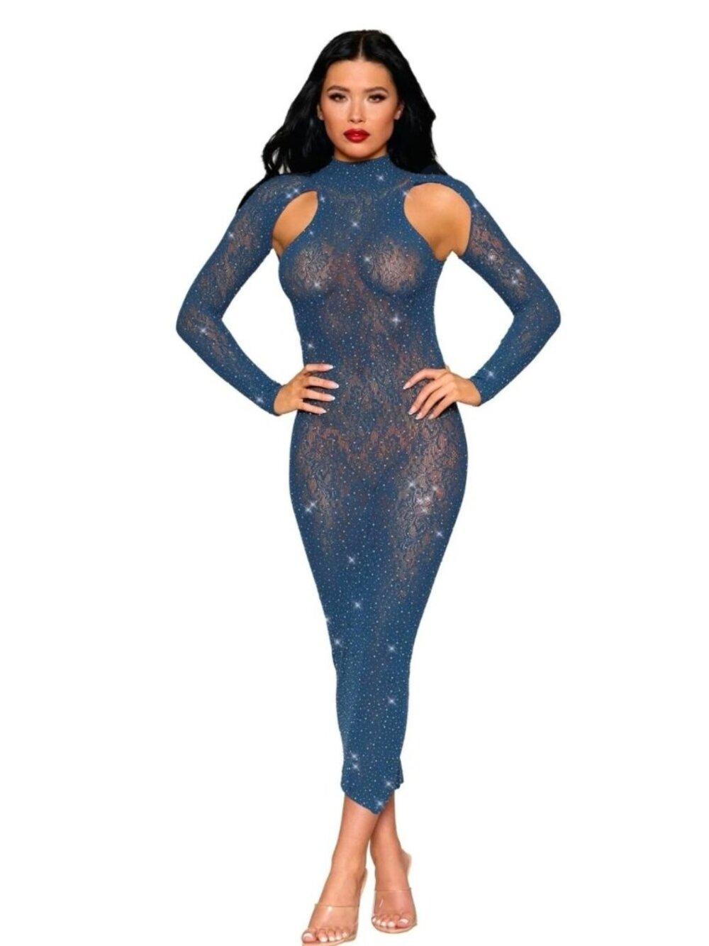 Dreamgirl Twilight Blue Rhinestone Lace Bodystocking Gown Long Sleeve One Size